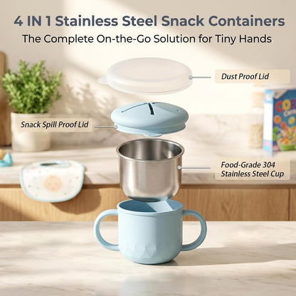 BUSOHA 2 Pack Stainless Steel Snack Containers – 4 IN 1 Spill Proof Snack Cup for Kids with Silicone Lids,Reusable Toddler Snack Containers,Metal Food Storage for Lunch Box,Travel,Dark Purple+Gray