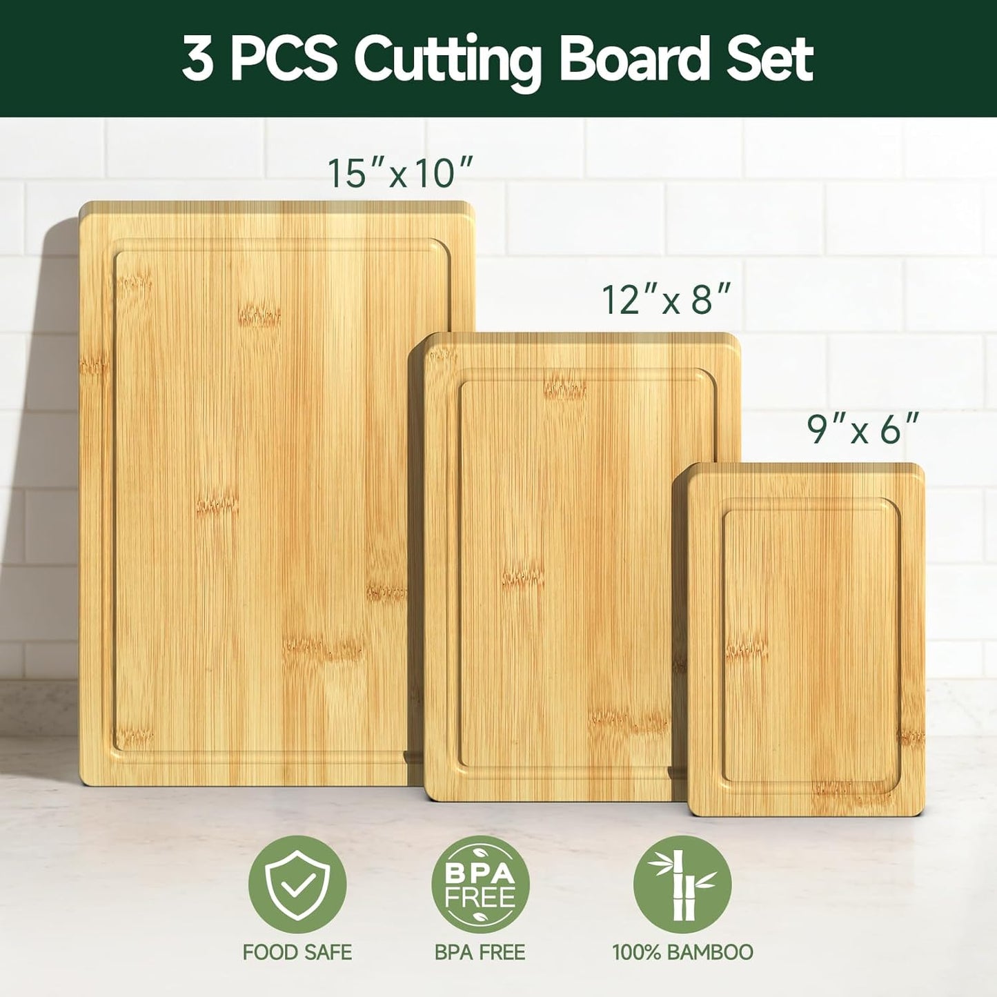 3-Piece Set Bamboo Cutting Board for Kitchen - Crack-Resistant Wood Chopping Boards with Deep Juice Grooves, Pre-Oiled Butcher Block for Meat, Vegetables & Cheese, Carbonized