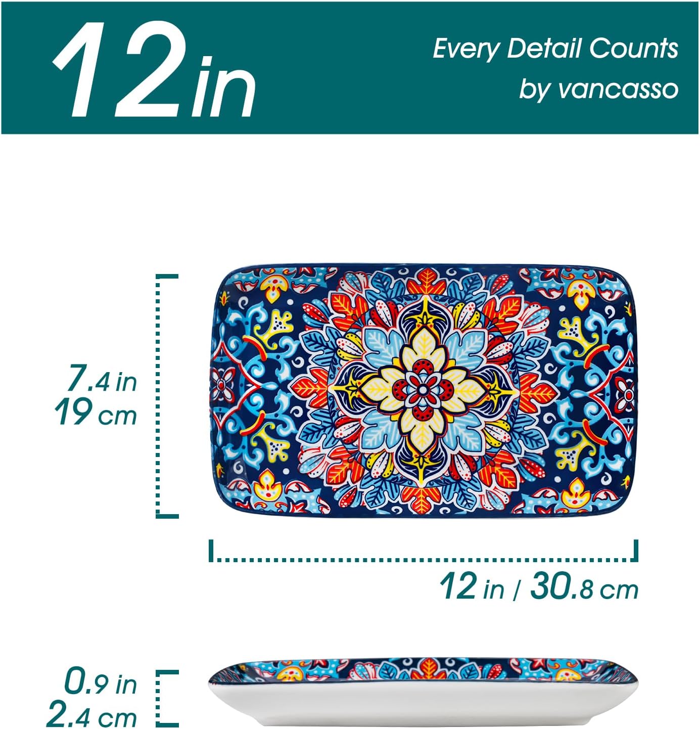 vancasso Serving Platters Set of 3, 16"/14"/12" Inch Rectangular Trays - Serving Platter Extra Large, Ceramic Bohemian Serving Dish for Entertaining Food, Microwave & Dishwasher Safe, Colorful