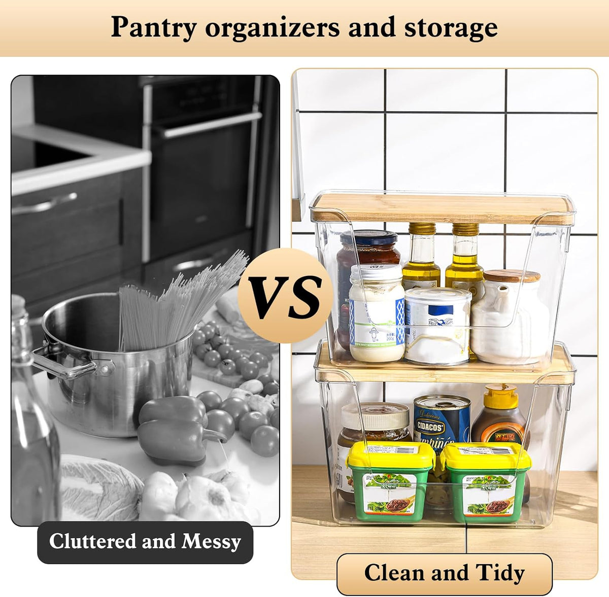 4 Set Stackable Storage Plastic Container with Removable Bamboo Cover | Kitchen Organizers Clear Front Open More Easy Access Bins Storage for Pantry, Potato, Onion, Garlic, Fruits, Vegetable