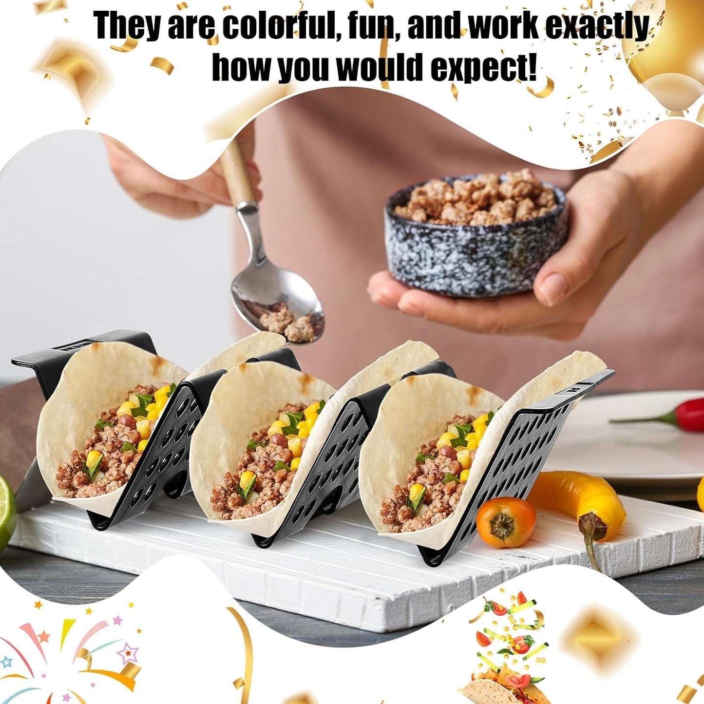 Baderke Mexico Taco Holder Stands Set of 6 Black Large Tray Plates Plastics Hollow Holder for Taco Night Tuesday Carnival Party Supplies, Dishwasher Microwave Safe