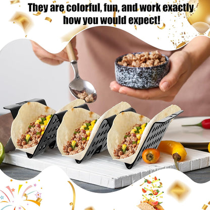 Baderke Mexico Taco Holder Stands Set of 6 Black Large Tray Plates Plastics Hollow Holder for Taco Night Tuesday Carnival Party Supplies, Dishwasher Microwave Safe