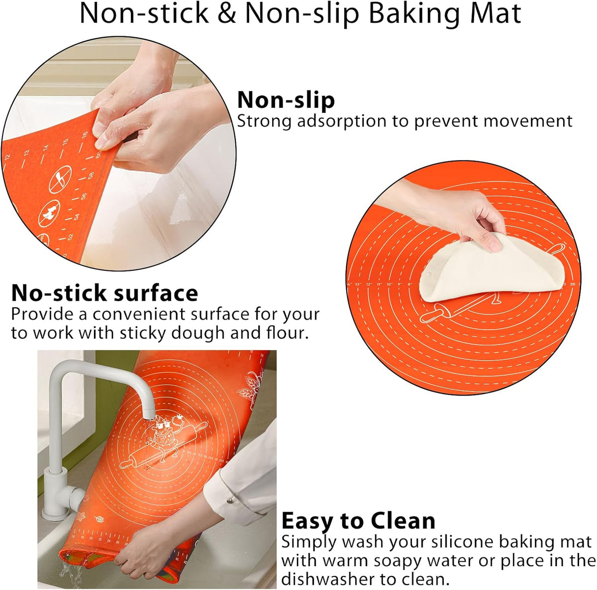 Silicone Baking Mat 28" x 20" Extra Thickness Dough Rolling Mat with Measurements and Edge Heightening, Non-stick Food Grade Silicone Pastry Mat for Pastry, Bread, Cookies, Pizza, Fondant, Pasta-Black