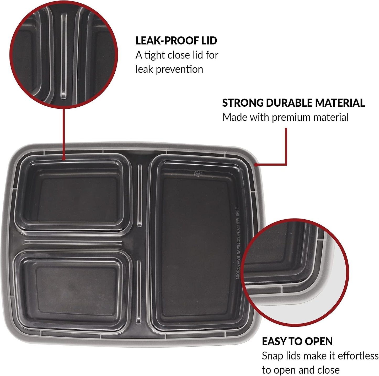 Reli. Meal Prep Containers, 32 oz. | 40 Pack | 3 Compartment Food Container w/Lids | Microwavable Food Storage, To Go | Black Reusable Bento Box/Lunch Box for Meal Prep