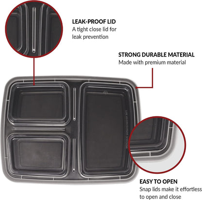 Reli. Meal Prep Containers, 32 oz. | 40 Pack | 3 Compartment Food Container w/Lids | Microwavable Food Storage, To Go | Black Reusable Bento Box/Lunch Box for Meal Prep
