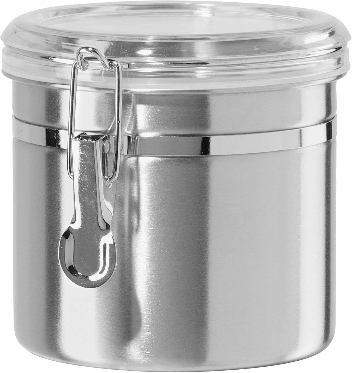 Oggi Stainless Steel Kitchen Canister 62 fl oz - Airtight Clamp Lid, Clear See-Thru Top - Ideal for Kitchen Storage, Food Storage, Pantry Storage. Large Size 5" x 7.5".