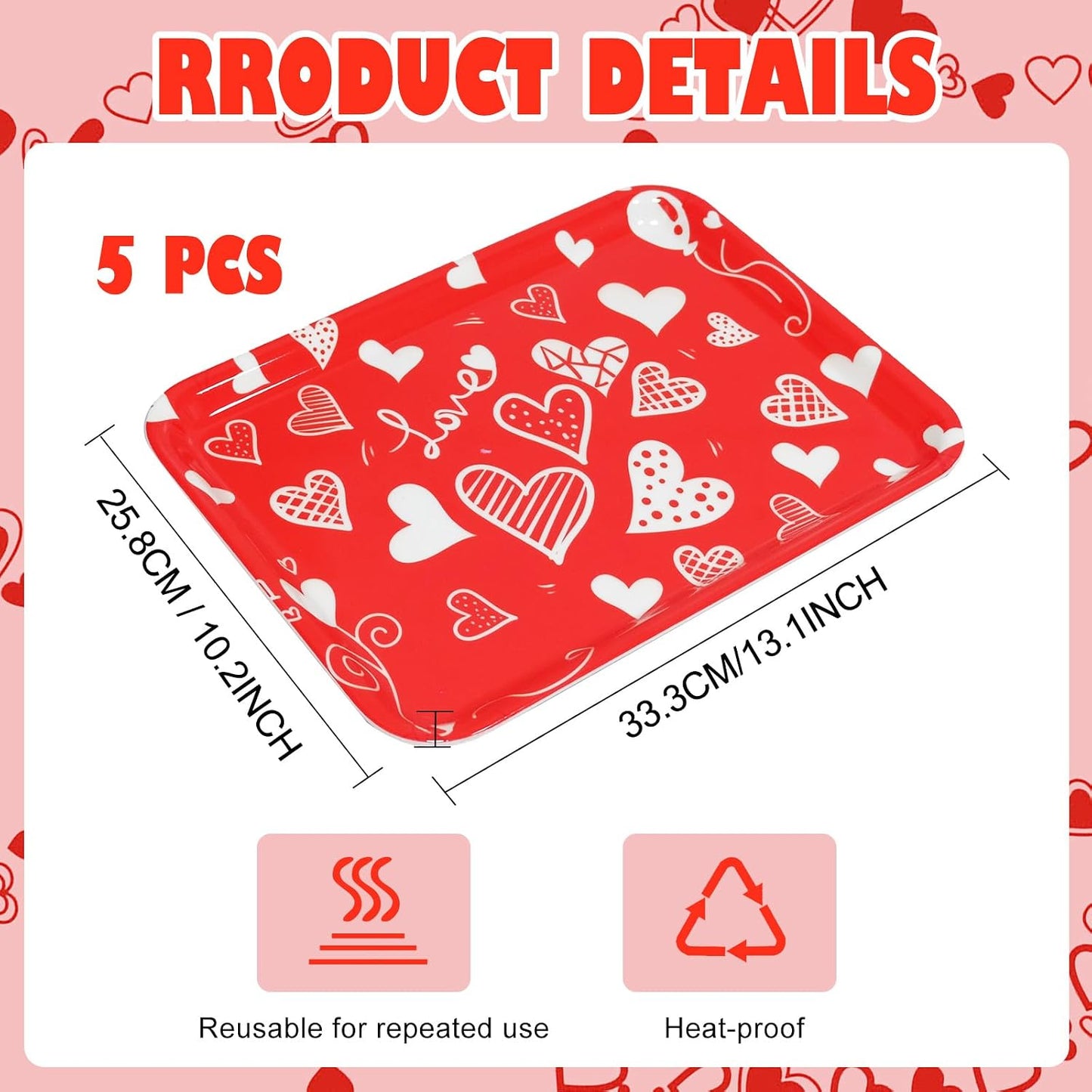5 Pcs Valentine' s Day Serving Trays 13 x 10 Inch Melamine Heart Decorative Platter Reusable Serving Dishes Red Dessert Trays for Party Decorations Supplies