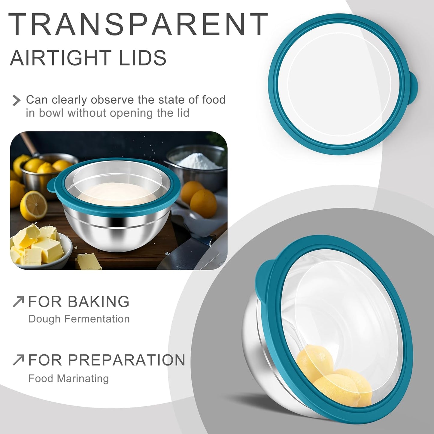 HaWare Mixing Bowls with Airtight Clear Lids, 6-Piece Stainless Steel Strong Nesting Bowls Set, Metal Salad Bowl for Cooking, Prepping, Baking, Serving & Food Storage, Size 4.6, 3, 1.5QT, Khaki