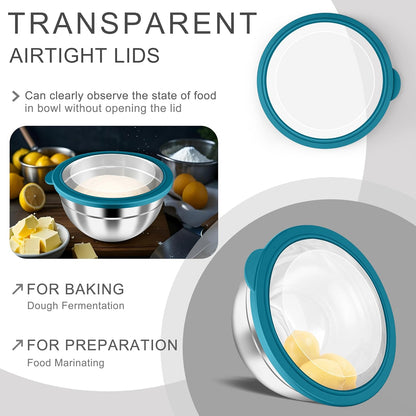 HaWare Mixing Bowls with Airtight Clear Lids, 6-Piece Stainless Steel Strong Nesting Bowls Set, Metal Salad Bowl for Cooking, Prepping, Baking, Serving & Food Storage, Size 4.6, 3, 1.5QT, Khaki