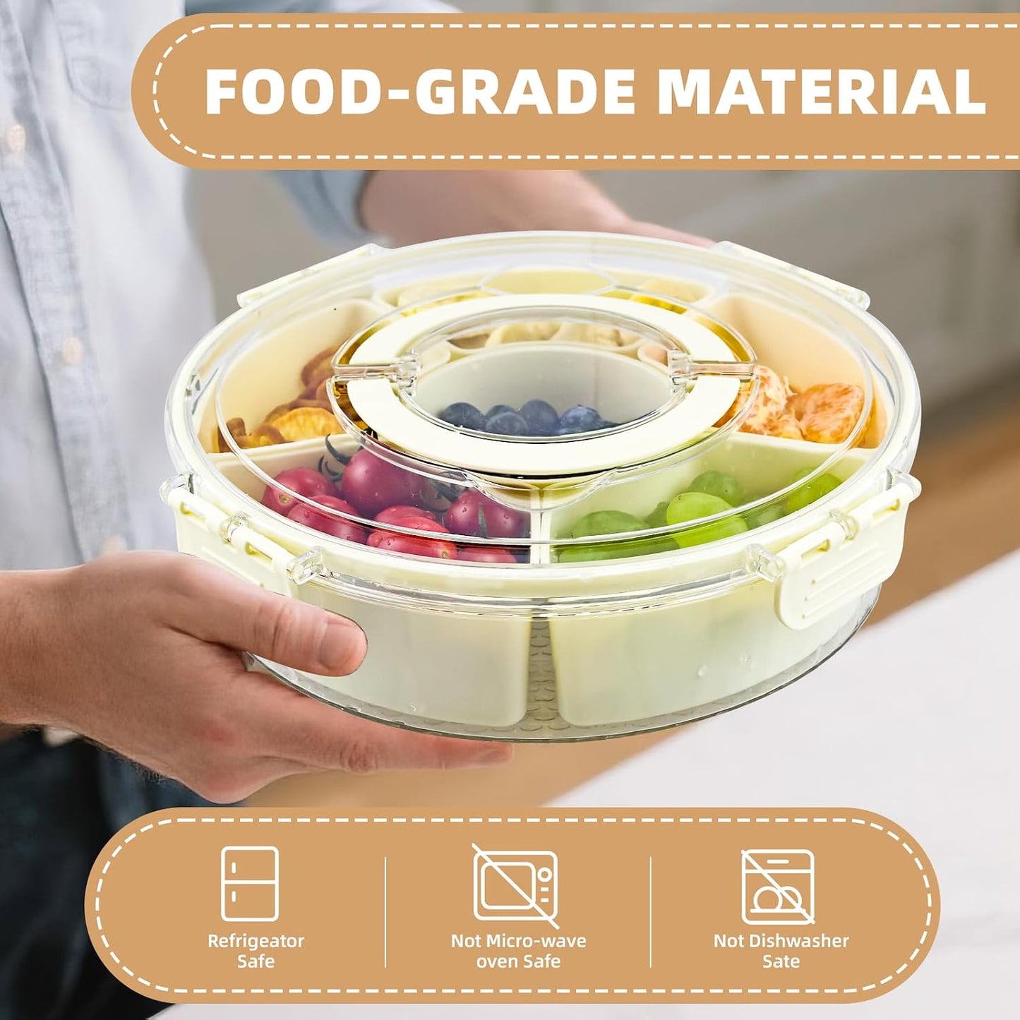 Rotating Serving Tray with Lid & Handle, 6-Section Snackle Box Organizer, Portable Lazy Susan Snack Container for Candy, Fruit, Veggies, Party, Picnic & Travel (milky white)