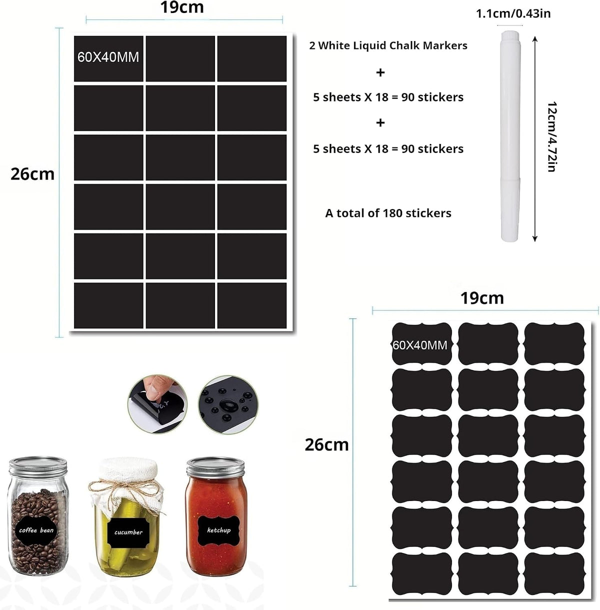 Chalkboard Labels 180pcs Waterproof Reusable Label Stickers with 2 White Liquid Chalk Markers for Storage Bin, Food Container, Mason Jars 5X7.5cm Black