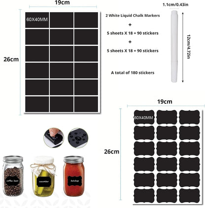 Chalkboard Labels 180pcs Waterproof Reusable Label Stickers with 2 White Liquid Chalk Markers for Storage Bin, Food Container, Mason Jars 5X7.5cm Black