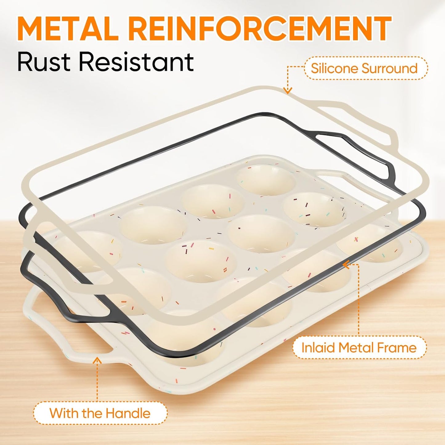 2 Pack Silicone Muffin Pans 12 Cups Regular Size, Nonstick Cupcake Baking Pan with Metal Reinforced Frame, BPA Free Silicone Muffin Trays, Oven & Dishwasher Safe for Homemade Muffins Egg Bites