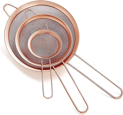 Gold Fine Mesh Strainer 3 Pieces Set, Golden Flour Sifter For Baking, Stainless Steel Clander, Gold Matcha Tea Strainer, Gravy Separator, Stasher Sieve Pasta Strainers