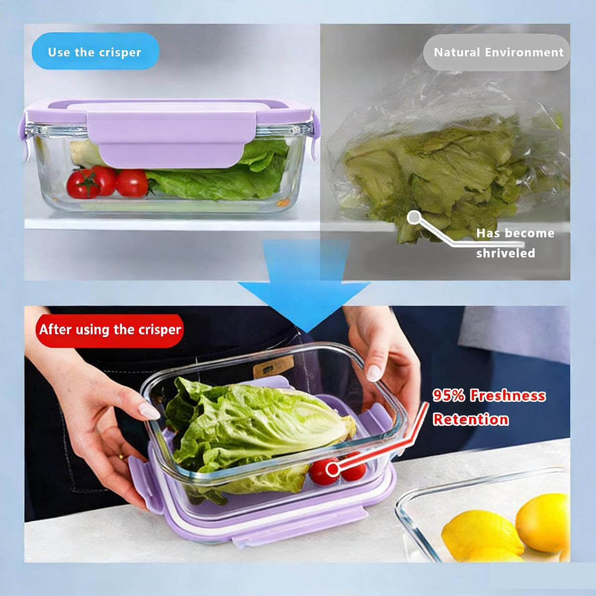 Glass Food Storage Containers with Lids, Airtight Meal Prep Containers, 4 Pack Set with Multiple Sizes (Purple)