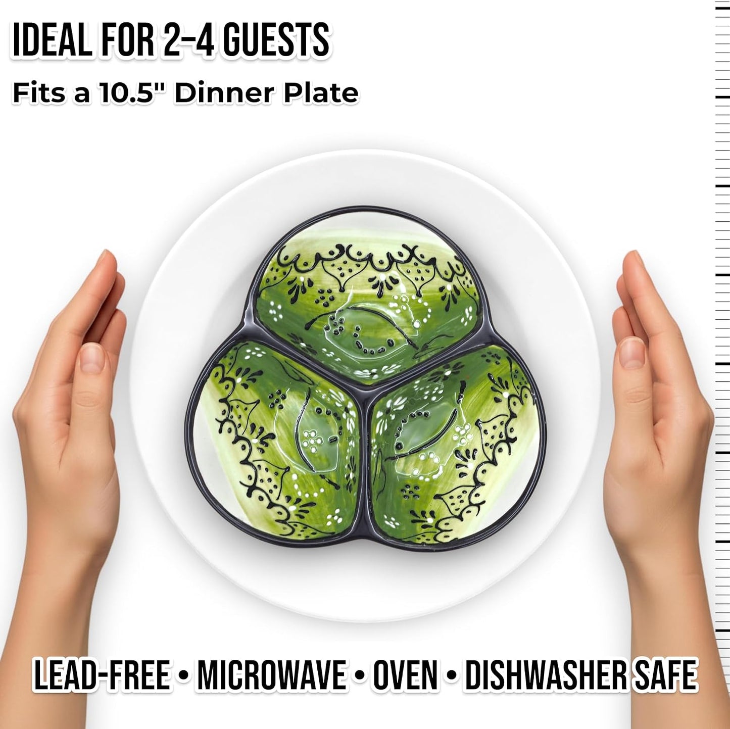 Ceramic Chip & Dip Bowl 7.5”, 3-Compartment Divided Serving Dish & Condiment Tray for Appetizers – Handmade in Spain, Lead-Free Glaze, Microwave, Oven & Dishwasher Safe
