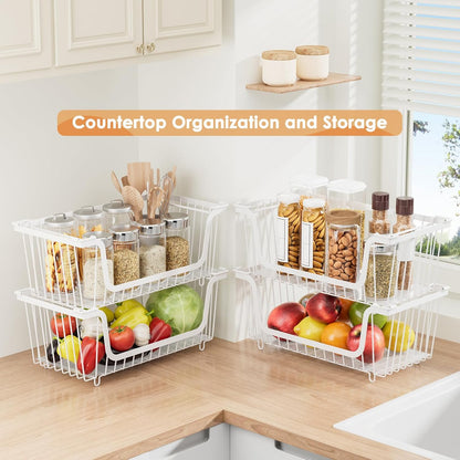 4 Pcs Stackable Wire Baskets for Pantry Organizers and Storage,Kitchen Storage Metal Baskets,Produce Potato Onion Storage Bin,Vegetable Fruit Basket for Countertop,Black