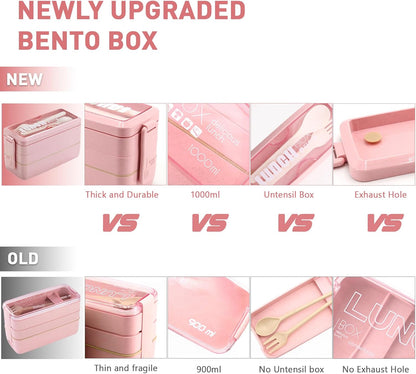 Bento Box Japanese Lunch Box Kit Leakproof Bento Lunch Box for Kids Adults Wheat Straw 3 Layer Stackable Lunch Containers with Compartment Eco-Friendly Meal Prep Containers (Beige)