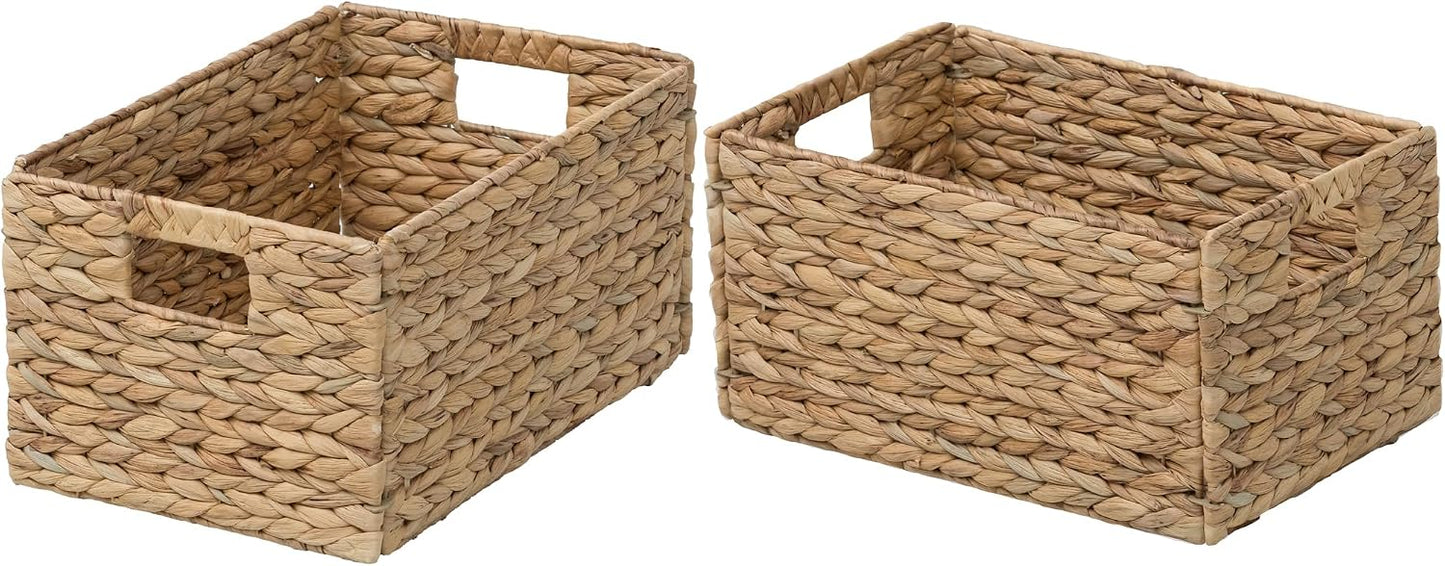 eHemco Trapezoid Woven Hyacinth Wicker Pantry Storage Baskets with Iron Wire Frame, 13.25"x9"x7/3.5", Natural, Set of 2