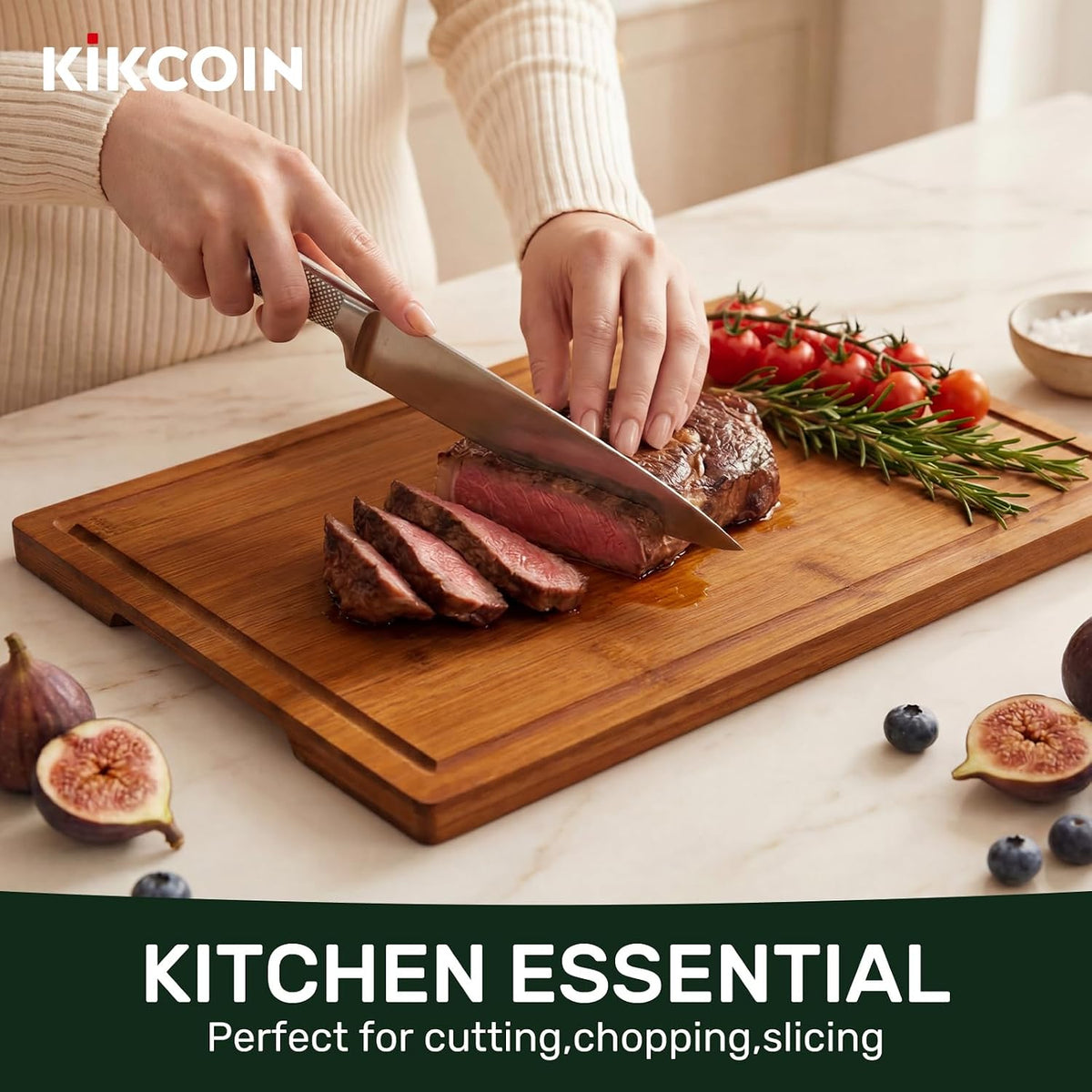 Kikcoin 17"×11" Bamboo Cutting Boards for Kitchen, Knife-Friendly Food Grade Wooden Cutting Boards for Kitchen, Charcuterie, Extra Large Chopping Boards with Deep Juice Groove, Reversible, Natural