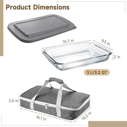 Glass Baking Dish with Lid, 9 x 13in High Borosilicate Glass Casserole with Insulated Carry Bag, Heat Resistant Food Container for Oven, Microwave, Freezer