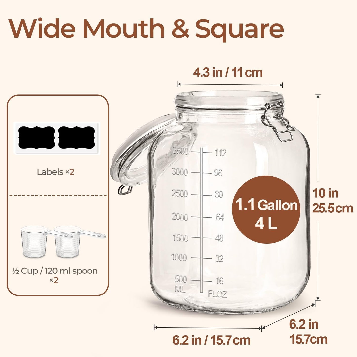 ComSaf Set of 3 Square Glass Jars with Airtight Lids (51 Oz) — Wire Clamp Canisters for Small-Batch Pickling, Kimchi, Bulk Dry Food, Wide Mouth Space Saving Kitchen Pantry Organization Jars