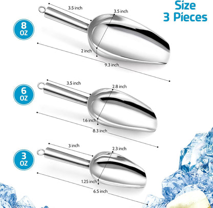 P&P CHEF Ice Scoop Set of 3, Stainless Steel food Scoop, 3+3+3 Oz & Silver