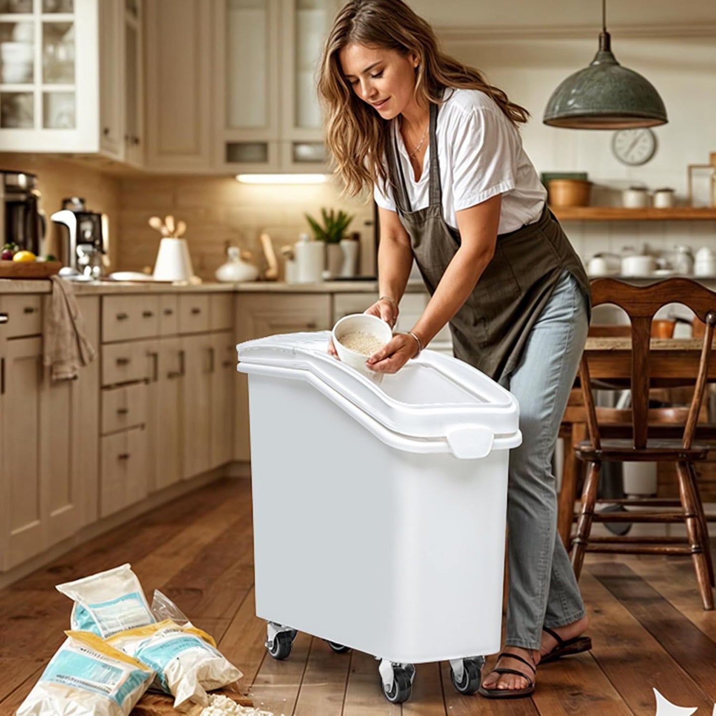DWVO 21 Gal Large Ingredient Storage Bin, Flour Rice Food Storage Containers Bin with 500 Cups, Commercial Bins with 360° Wheels, Scoop and Lid for Kitchen, White