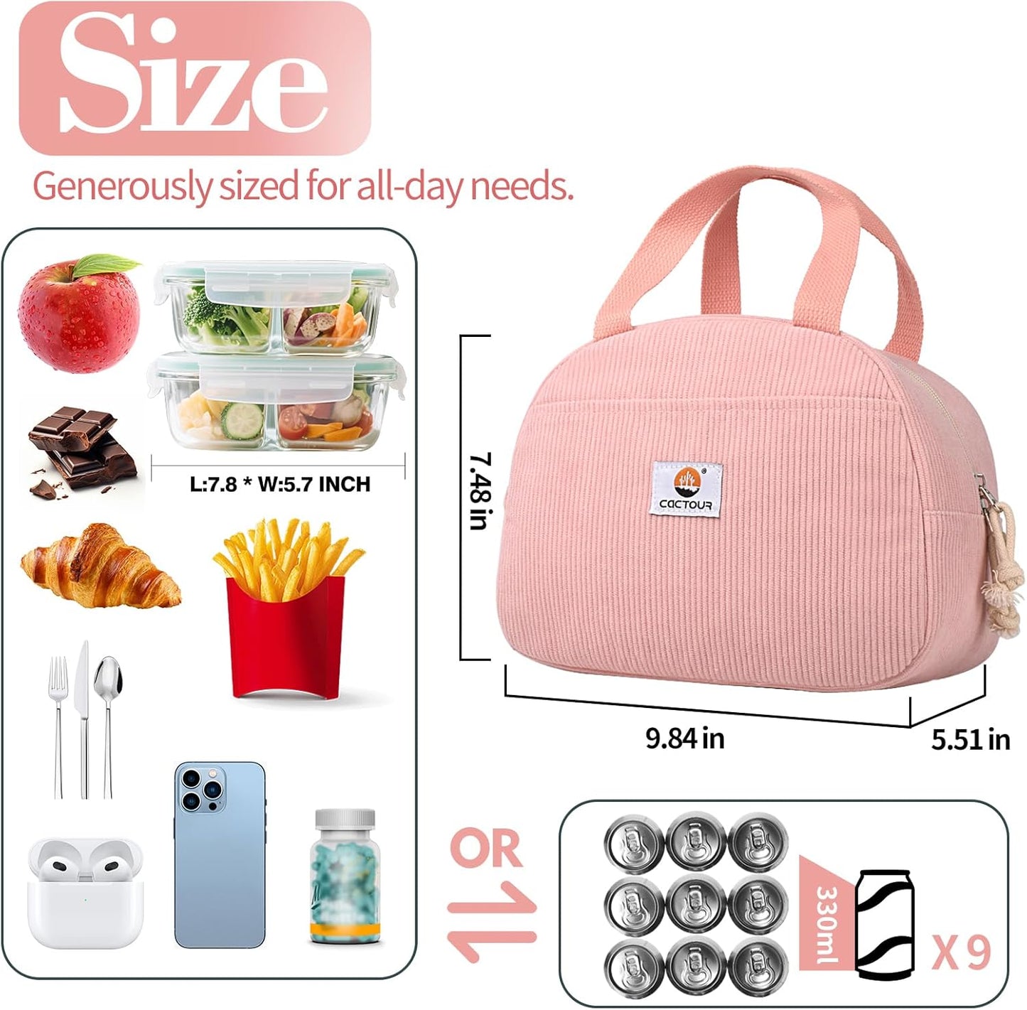 CaCTOUR Lunch Box for Women Girls Teens,Cute Lunch Box Cooler Bag, Portable Insulated Small Lunch Bag Women Reusable Corduroy Lunch Tote for Work/Travel/Picnic/School (Dog Green,Small)
