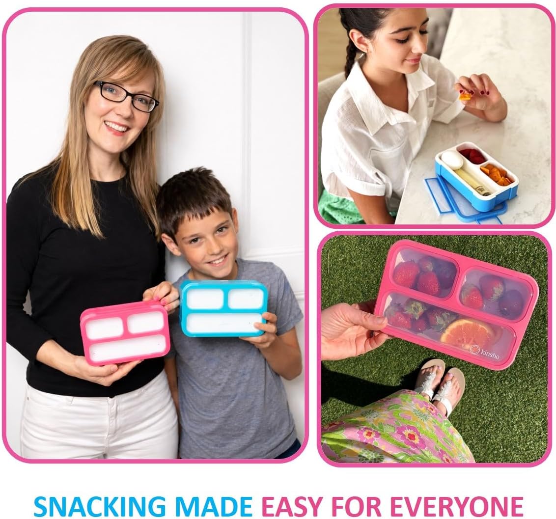 Small Snack Containers for Kids Toddlers - 3 Compartments (Set of 2) - Leak-Proof Reusable Boxes with Lids - BPA-Free Plastic Mini Bento Lunch Box - Holds 2 Cups Capacity (Pastel Blue+Teal Sparkle)