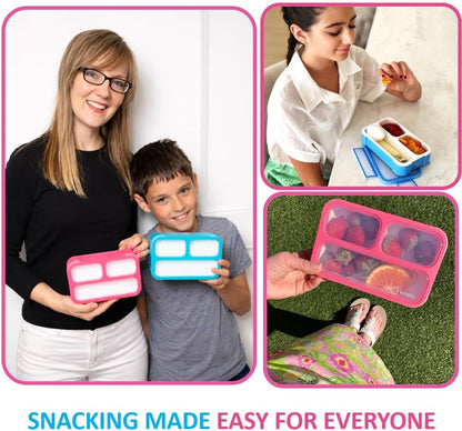 Small Snack Containers for Kids Toddlers - 3 Compartments (Set of 2) - Leak-Proof Reusable Boxes with Lids - BPA-Free Plastic Mini Bento Lunch Box - Holds 2 Cups Capacity (Pastel Blue+Teal Sparkle)