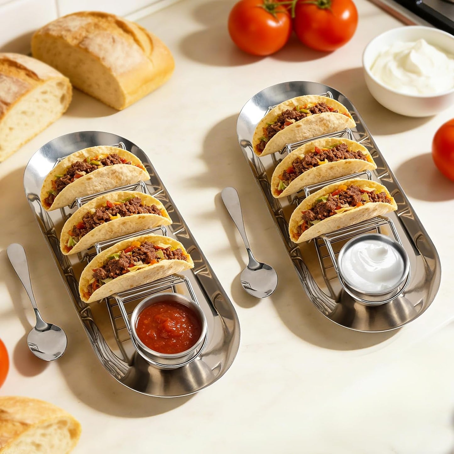 Taco Holders Set of 2 - Stainless Steel Taco Stand Rack with Tray, Sauce Cups & Spoon, for Party, Dishwasher Safety