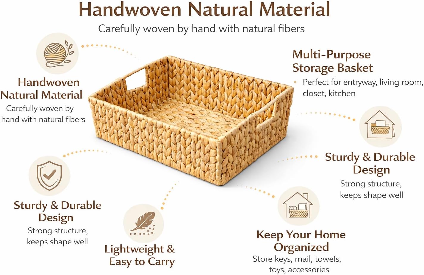 Handwoven Water Hyacinth Storage Basket with Cutout Handles – Natural Rectangular Woven Organizer for Shelves, Closets, Living Room & Home Decor