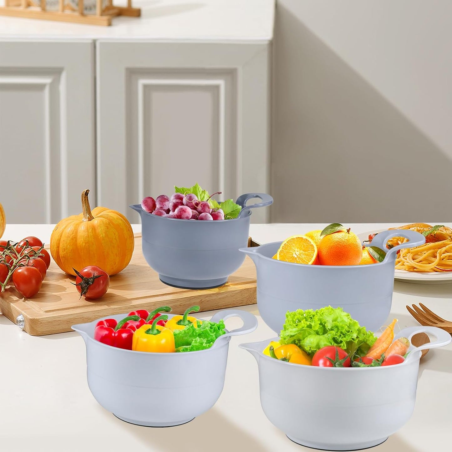 Mixing Bowls - 4 Piece Nesting Plastic Mixing Bowl Set with Pour Spouts and Handles - Non Slip Bottom and Measurement Markings (Light Gray)