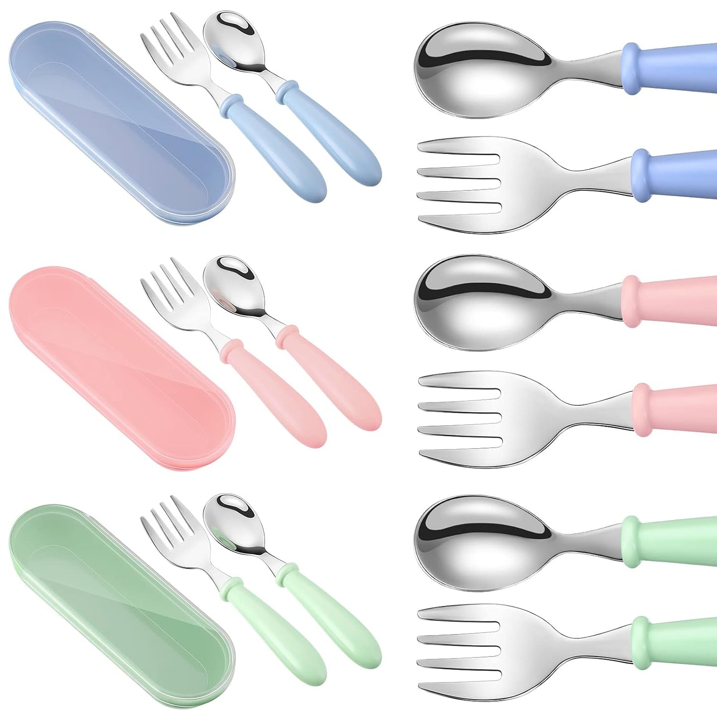 Patelai 9 Pcs Toddler Utensils with Case Stainless Steel Fork and Spoon Set Safe Baby Silverware Children Flatware Kids Cutlery with Round Handle for Lunchbox, Dishwasher Safe(Blue, Green, Pink)