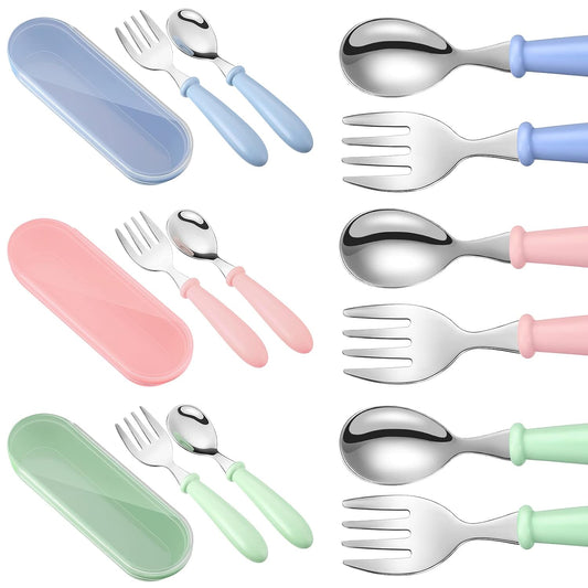 Patelai 9 Pcs Toddler Utensils with Case Stainless Steel Fork and Spoon Set Safe Baby Silverware Children Flatware Kids Cutlery with Round Handle for Lunchbox, Dishwasher Safe(Blue, Green, Pink)