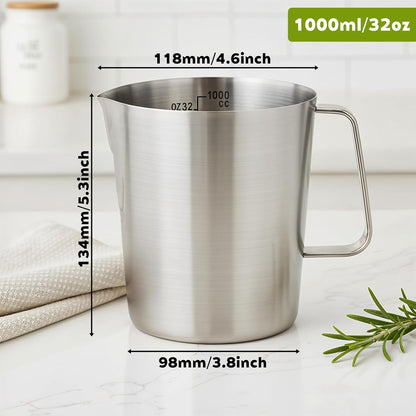 2L 18/8 Stainless Steel Measuring Cup with Handle and Pour Lip, 304 stainless pitcher with marking with handle, 68OZ/2 Liter- 8 Cup, Heavy-Duty Pitcher
