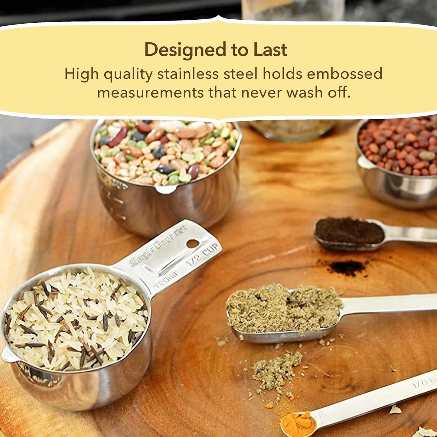 Simply Gourmet Measuring Cups & Spoons Set of 12, 18/08 Stainless Steel Kitchen Gadgets, Stackable Design with Long Handle Spoons, Fits in Spice Jars, Cooking & Baking Set for Dry & Liquid