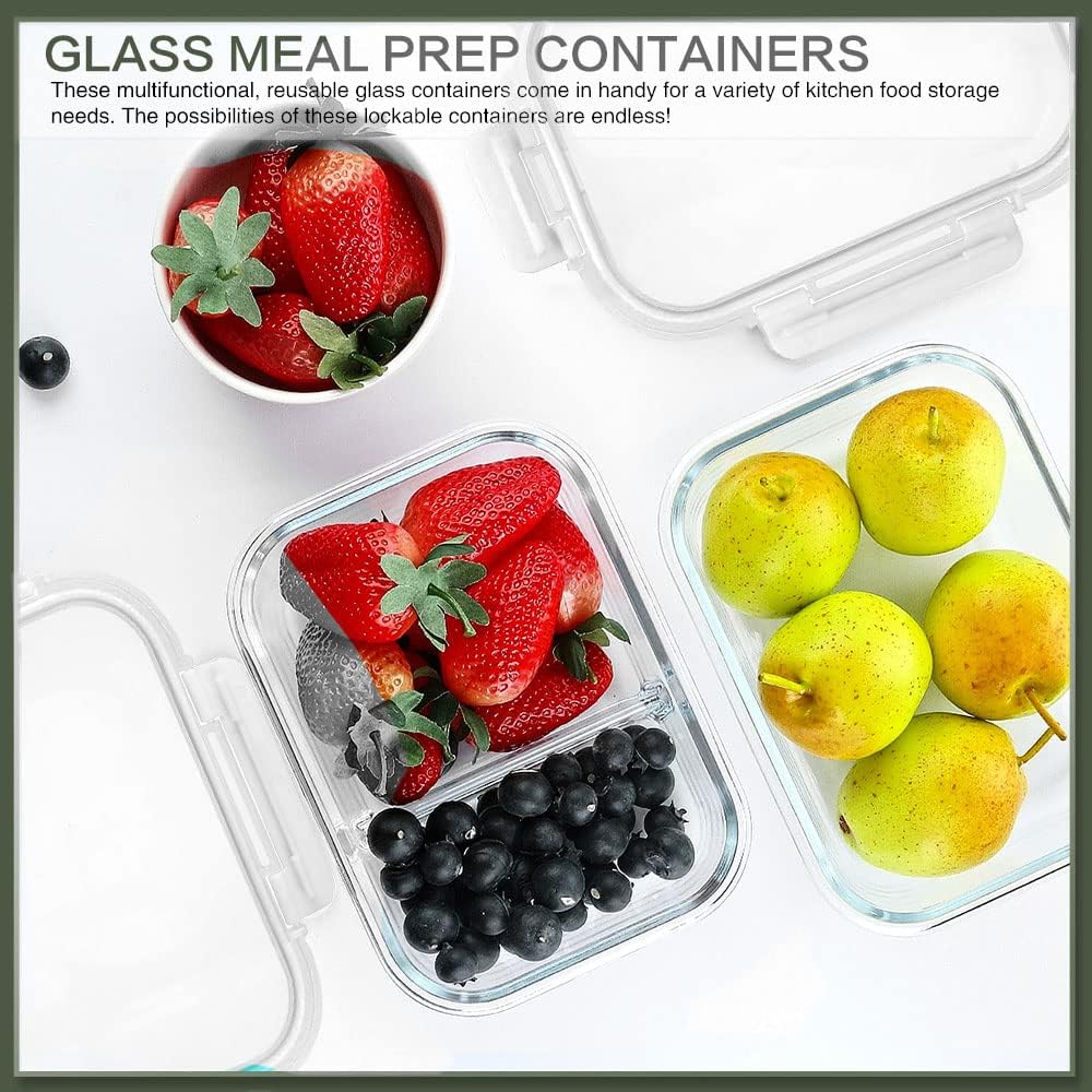 KOMUEE 10 Packs 30 oz Glass Meal Prep Containers,Glass Food Storage Containers with Lids,Airtight Lunch Bento Boxes,Microwave,Freezer and Dishwasher,Gray
