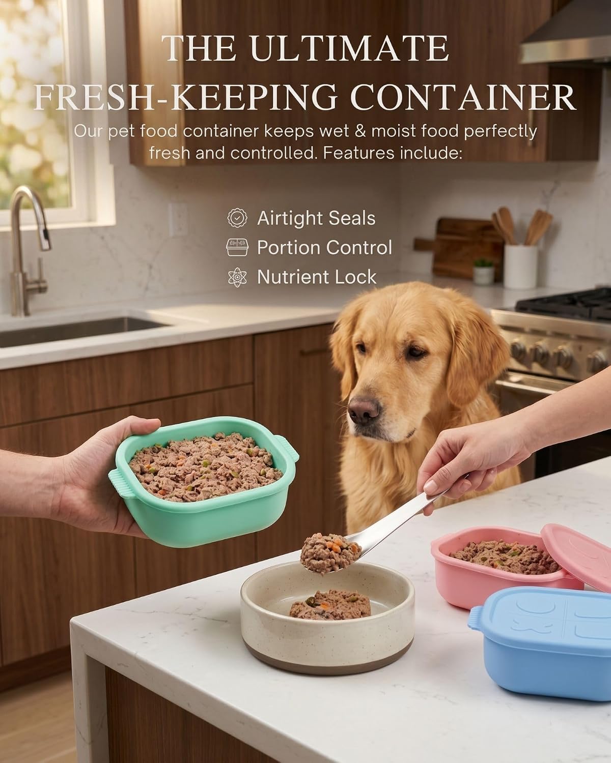 2ME Airtight Pet Wet Food Storage Containers with Lids (4-Pack, 12oz) - Silicone Meal Prep Kit for Dog & Cat Food - Freezer, Microwave & Dishwasher Safe - with Stainless Steel Scoop
