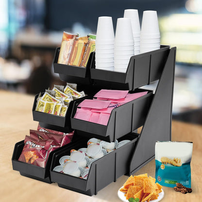 Serve Condiment Bin, Plastic Containers Storage Bins, Condiment Organizer, 3 Tier 6 Compartments Plastic Storage Bins Coffee Bar Beverage Station