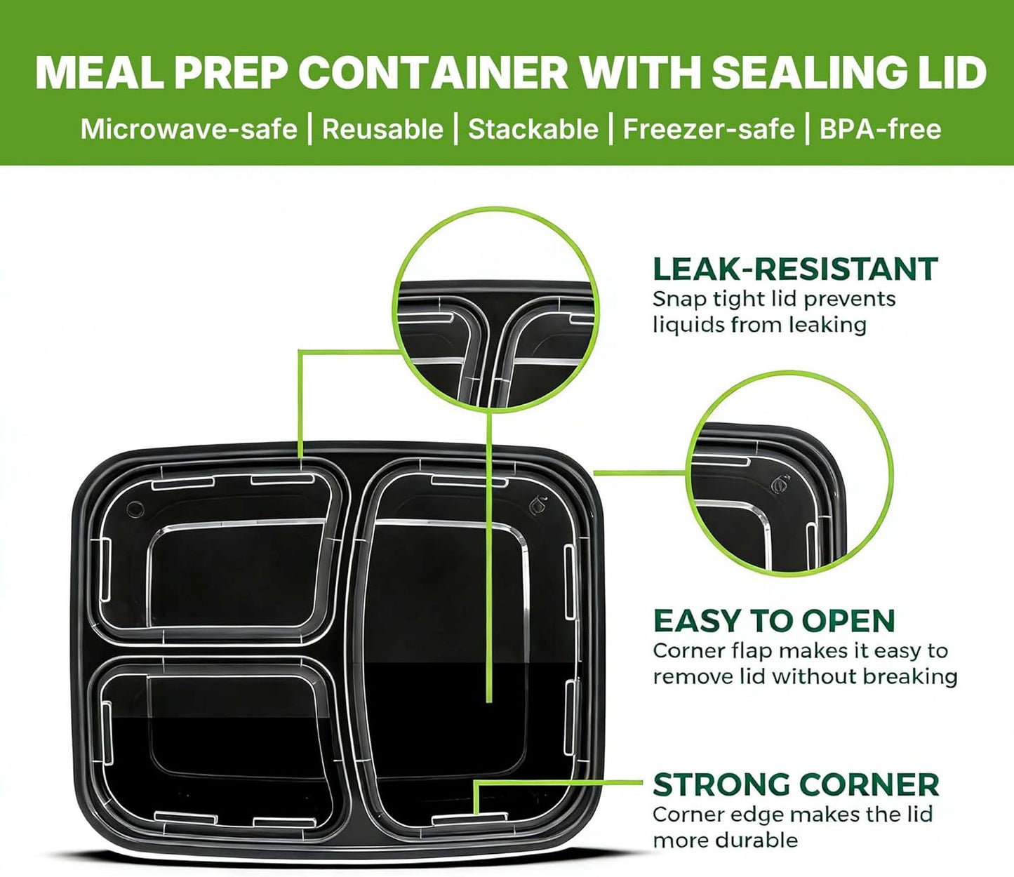 Uni-Pak 50 Pack (100-Piece) Meal Prep Containers with Lids, Reusable 3-Compartment 24 oz BPA-Free Food Storage, Sturdy Leakproof & Food Safe, Microwave Freezer Dishwasher Safe