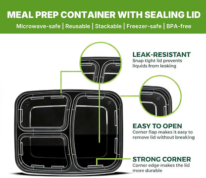 Uni-Pak 50 Pack (100-Piece) Meal Prep Containers with Lids, Reusable 3-Compartment 24 oz BPA-Free Food Storage, Sturdy Leakproof & Food Safe, Microwave Freezer Dishwasher Safe