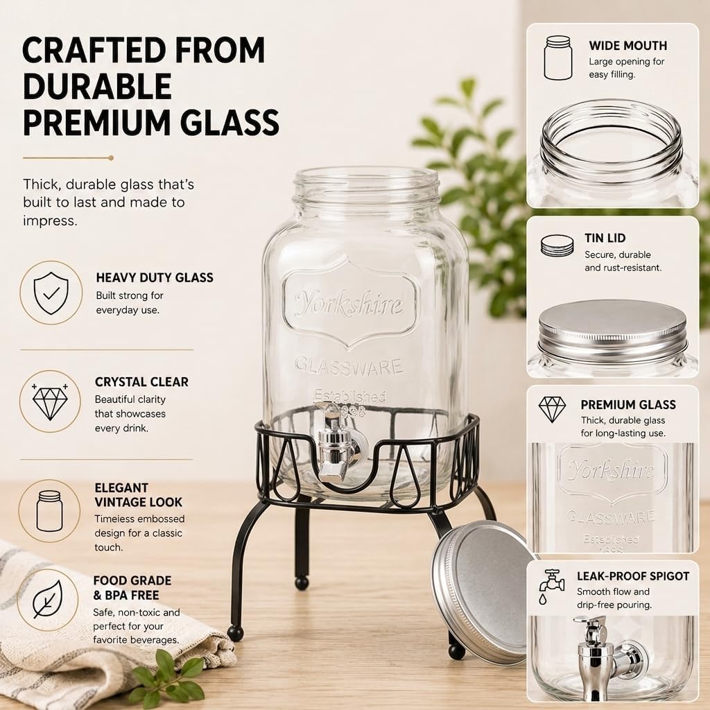 Estilo Gallon Drink Dispenser with Stand - Glass Beverage Dispenser with Stand for Weddings - Sun Tea Jar with Spigot 1 Gallon - Countertop Glass Water Dispenser for Lemonade and Parties
