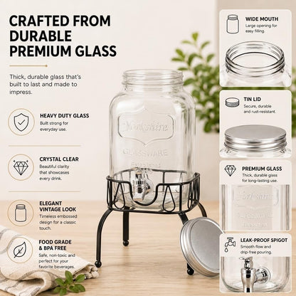 Estilo Gallon Drink Dispenser with Stand - Glass Beverage Dispenser with Stand for Weddings - Sun Tea Jar with Spigot 1 Gallon - Countertop Glass Water Dispenser for Lemonade and Parties