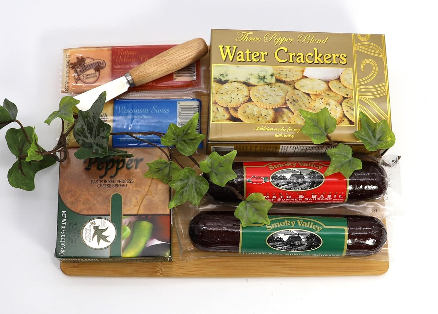 Gift Basket Village Charcuterie Board Gift Set – Bamboo Cutting Board, Three-Pepper Crackers, Italian Sausage, Wisconsin Cheese, Cheese Spread, and Knife – Wedding or Housewarming Gift