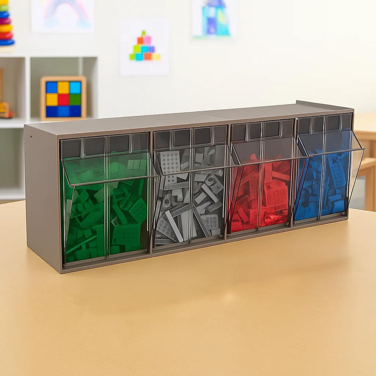 Akro-Mils TiltView Plastic Storage Cabinet with 6 Tilt Out Bins, Horizontal Organizer, Teacher Toolbox, and Office Supply Organizer, 23-5/8" W x 3-1/2" H x 3-3/4" D, Stone