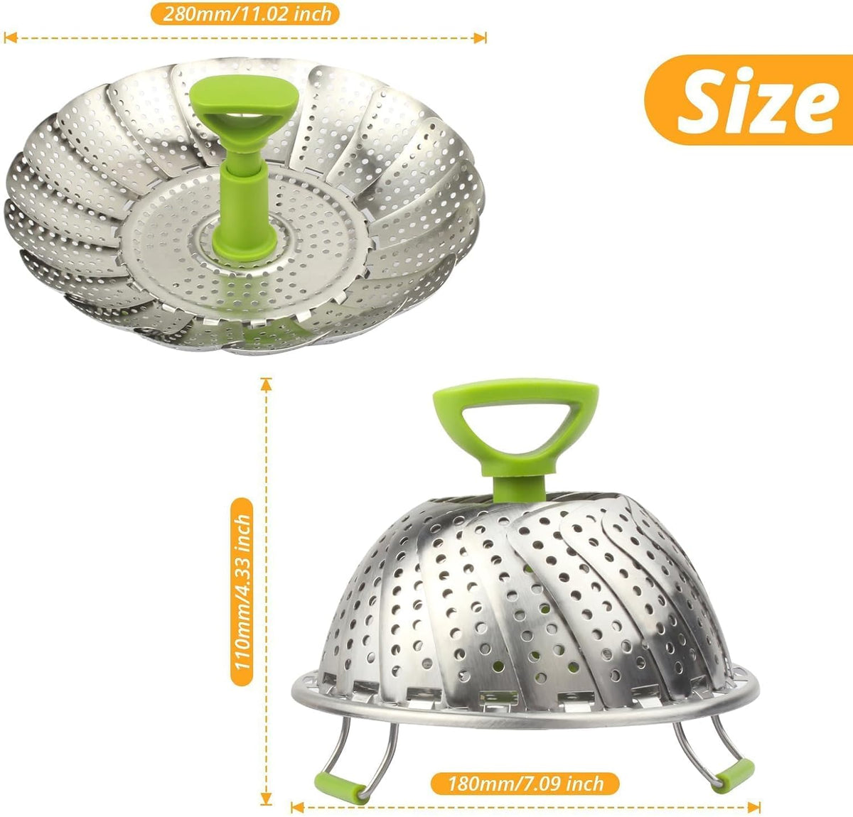 Folding Stainless Steel Steamer Basket (7-11 Inches) with Heat Resistant Handle - Ideal for Cooking Seafood, Vegetables, Fruits - Expandable and Easy to Clean - Dishwasher Safe