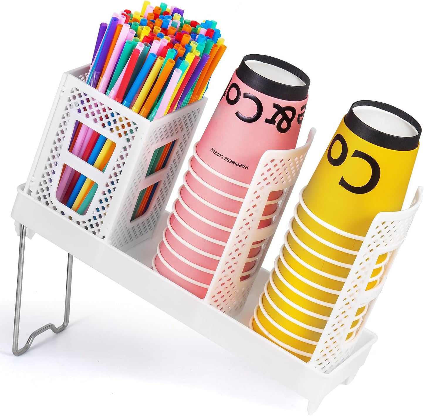 Cup and Lid Holder, Disposable Paper Cup Dispenser with Coffee Pod Straw Storage Basket, Countertop Coffee Cup Holder for Coffee Stations, Bars, Break Rooms, Living Rooms, Parties (Black)