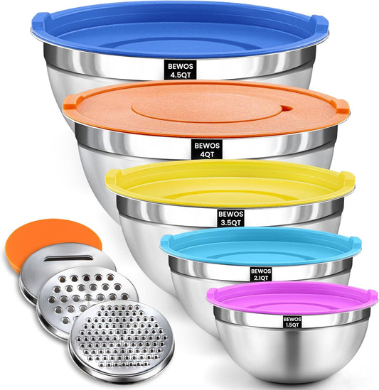 BEWOS Mixing Bowls with Lids Set - 5 Pcs Stainless Steel Mixing Bowls With 3 Grater Attachments, Size 4.5, 4, 3.5, 2.1, 1.5QT Metal Bowls for Baking and Serving (Colored)